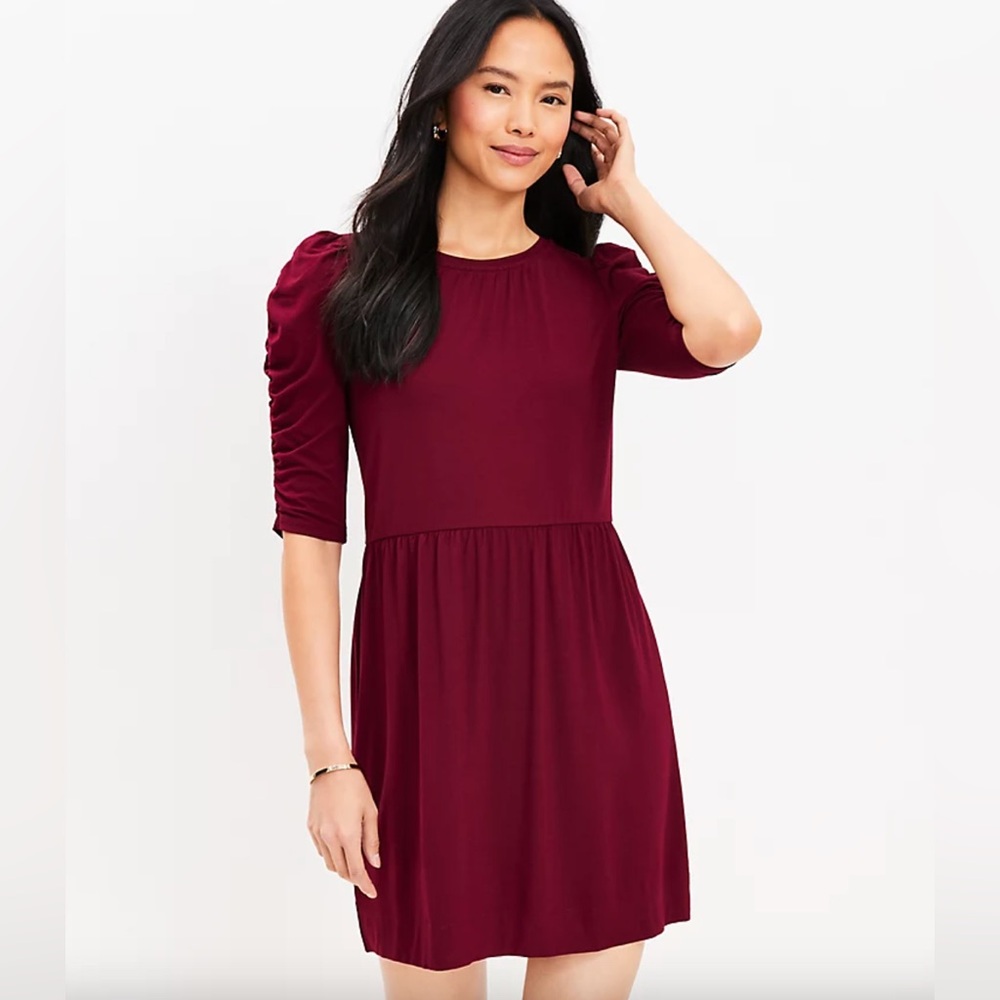 LOFT Shirred Sleeve Swing Dress (Magical Plum, Size Small Tall)